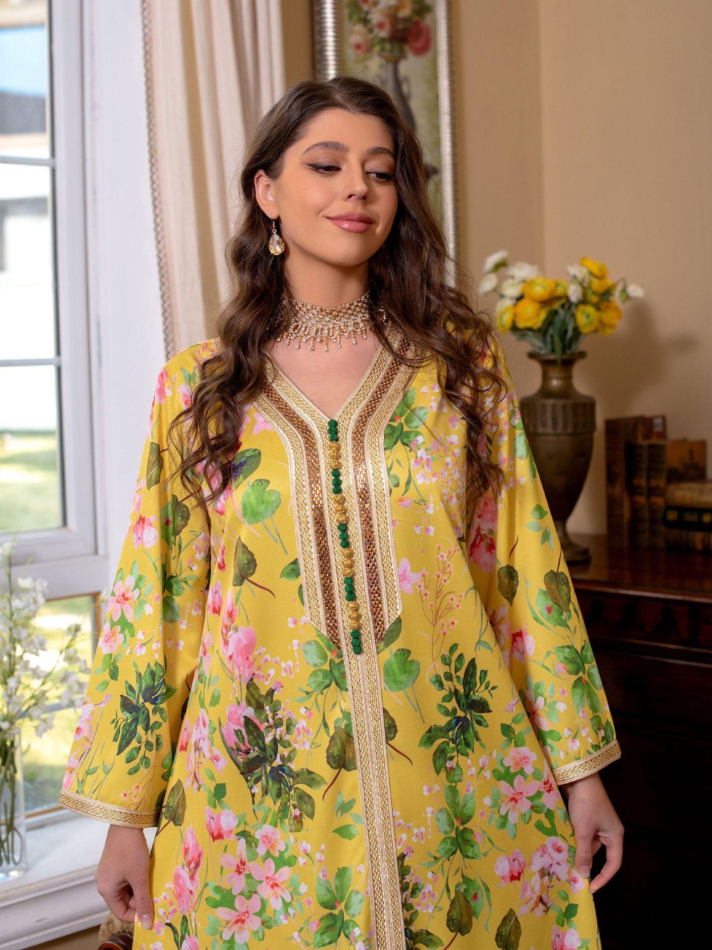 HAYA HAYA1075 Abaya Robe New Printed Rhinestone Dress