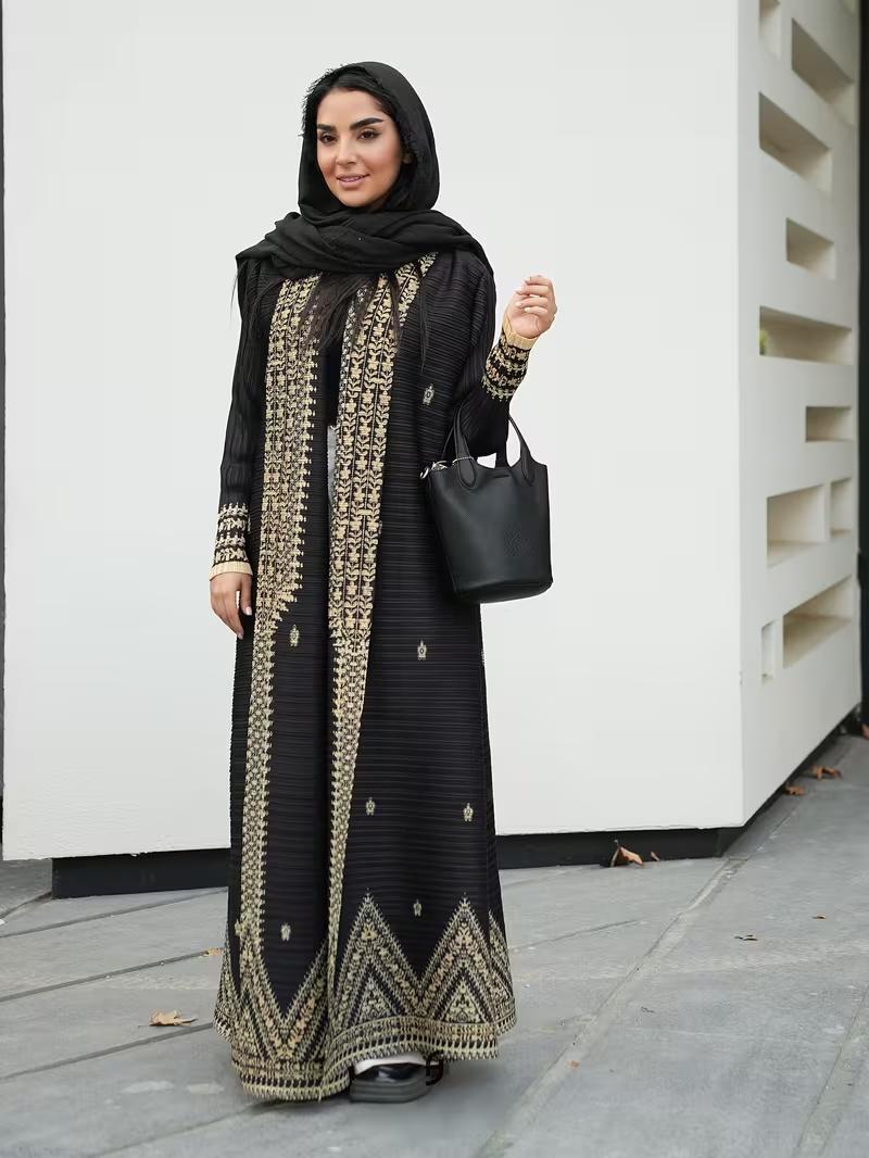 HS6709 Golden Dynasty , Black Abaya with Intricate Gold Embroidery
