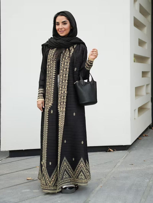 HS6709 Golden Dynasty , Black Abaya with Intricate Gold Embroidery