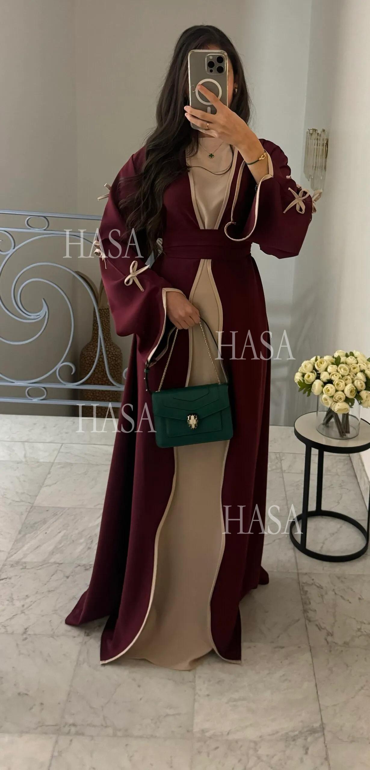 HA5883  A Two-piece Robe and Skirt Set with A Soft Bow and A Belt Design open abaya outfit