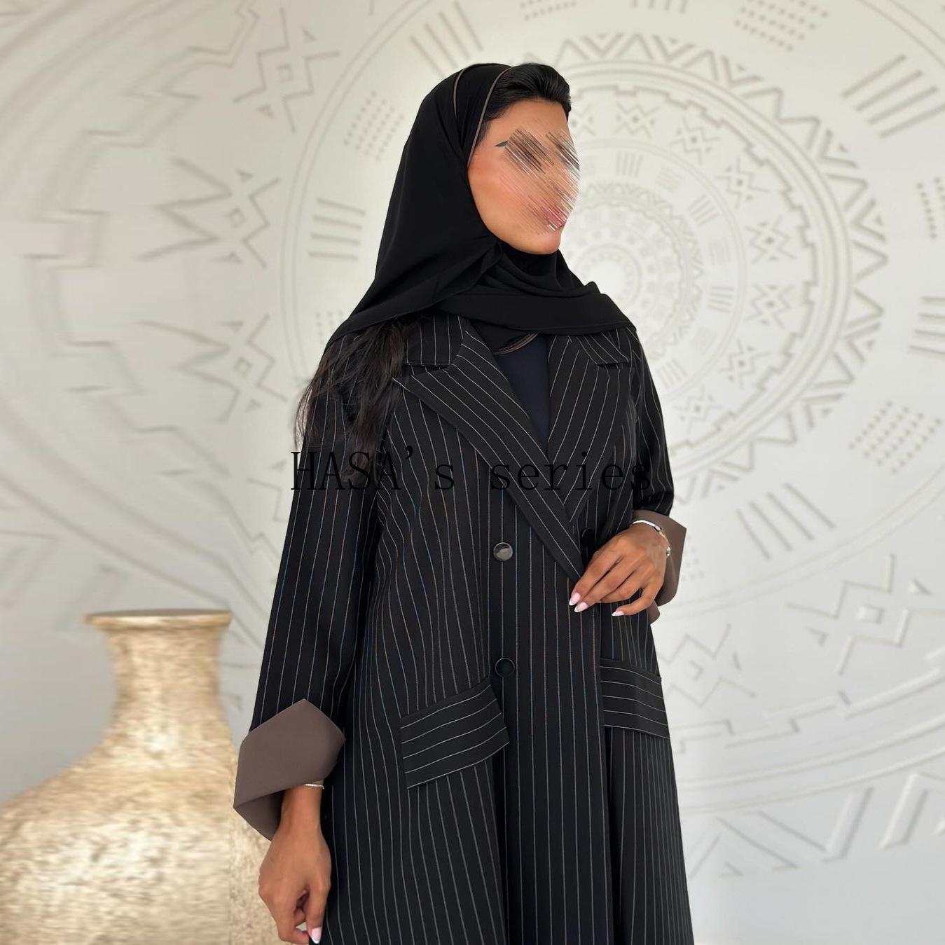 HS5101 Double-breasted, Pinstriped, Long Coat-style Robe with A Loose and Elegant Dress Design.