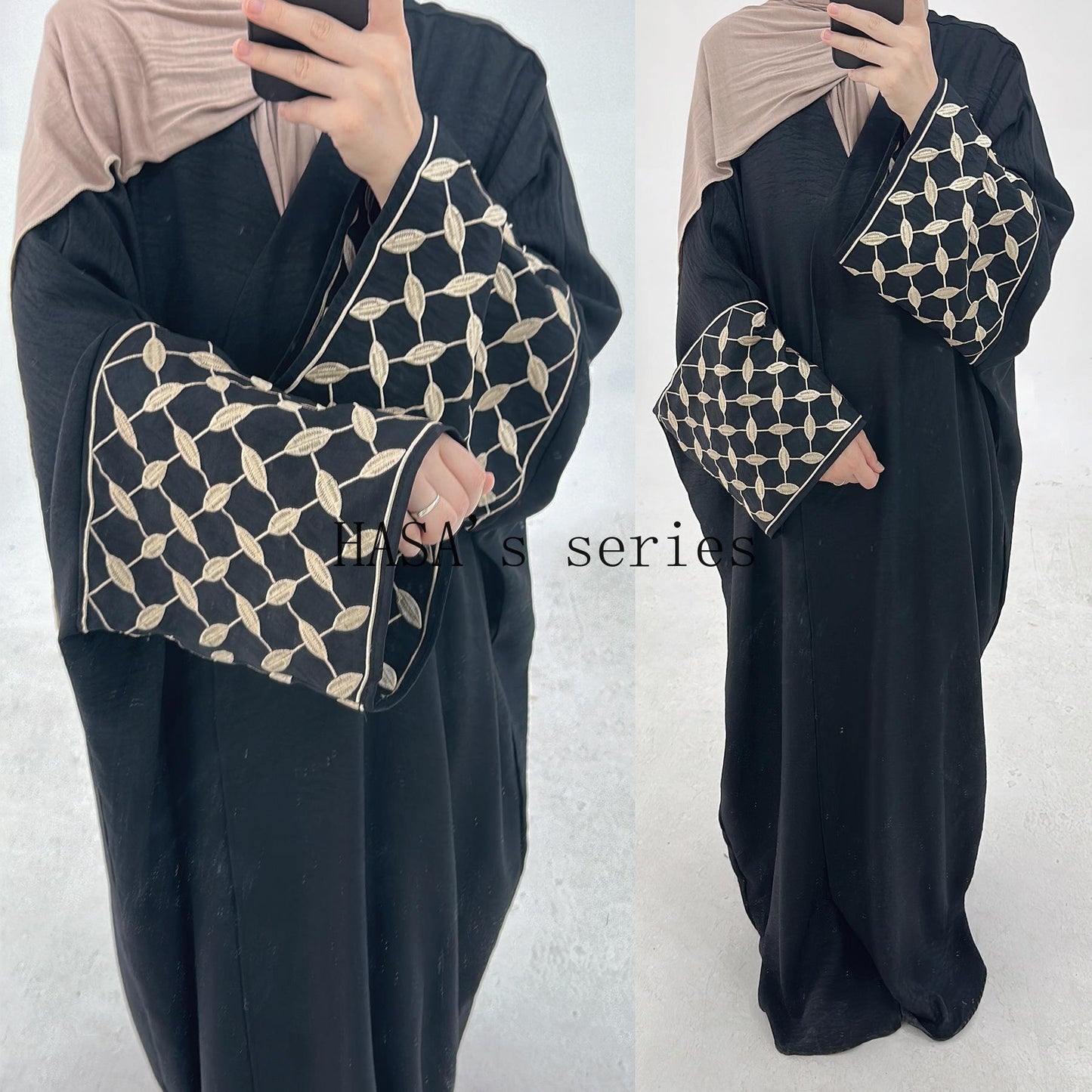 HS4840 Elegant long robe with geometric embroidery, a simple and traditional style dress.