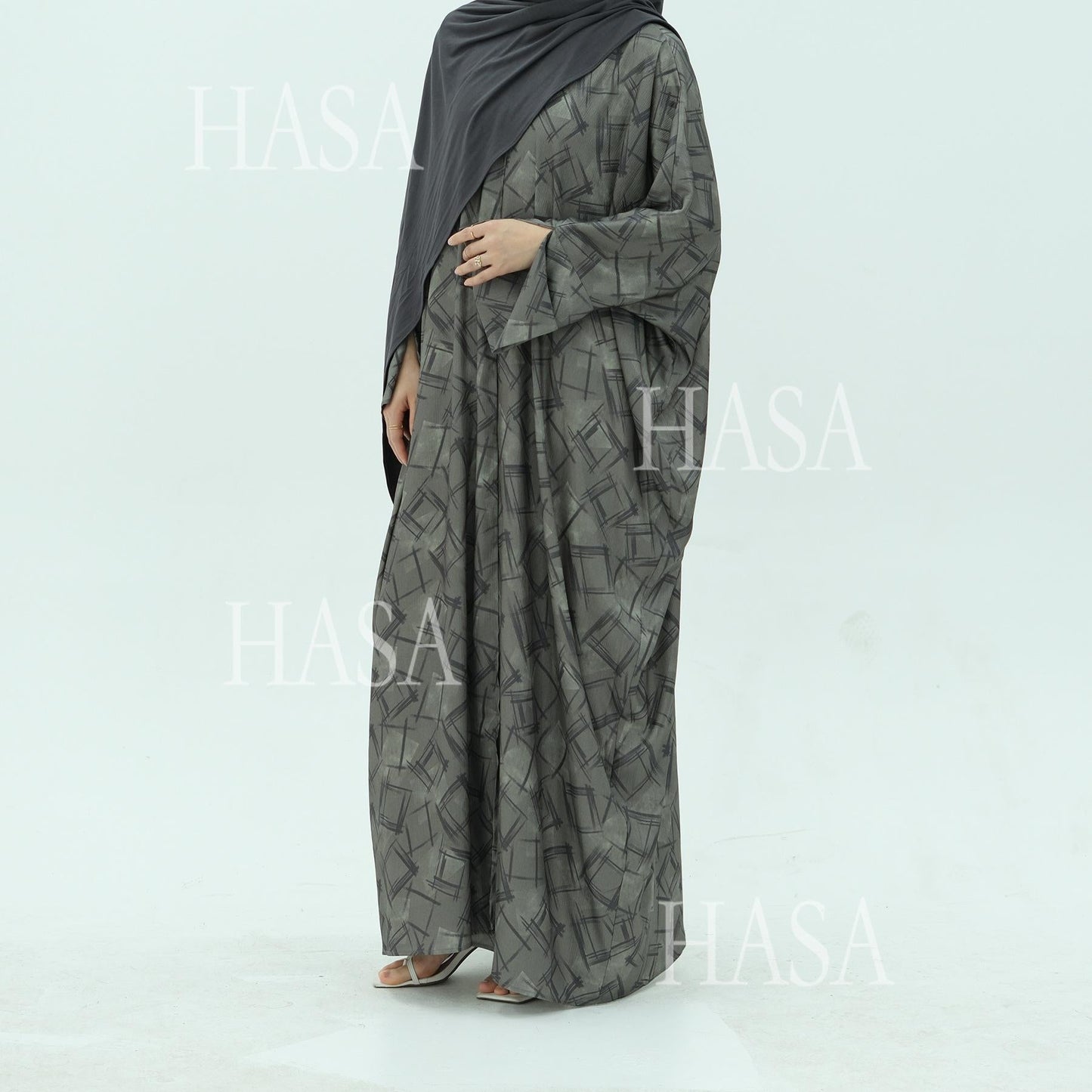HA6504 Grey geometric print long cardigan Abaya (headscarf not included)