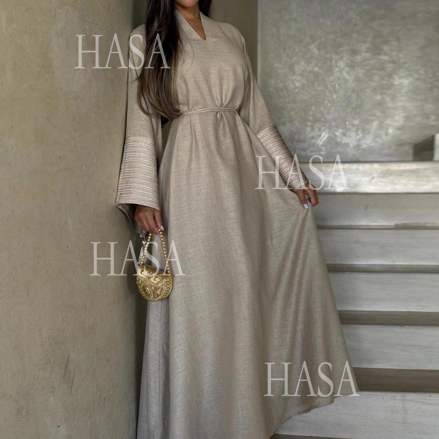 HA6490 Embroidered Panel Sleeve Long Dress