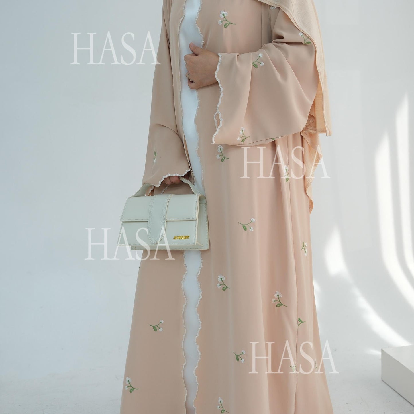 HA6472 Longline Cardigan with Delicate Floral Details and Curved Edging