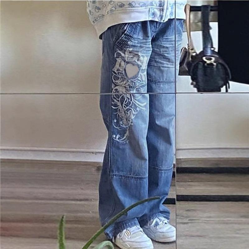 HA6382 Street Style Women's Clothing Irregular Printing Loose Trousers Low Waist Folds Washed for Old Multi-colored Jeans