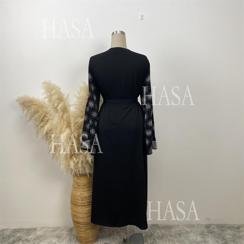 HA6588 Black Cardigan Dress with Rhinestone Embellishment and Pockets