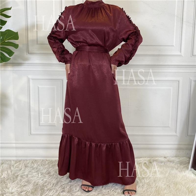 HA6591 Solid Color Turtleneck Long Sleeve Dress with Pleated Waistband