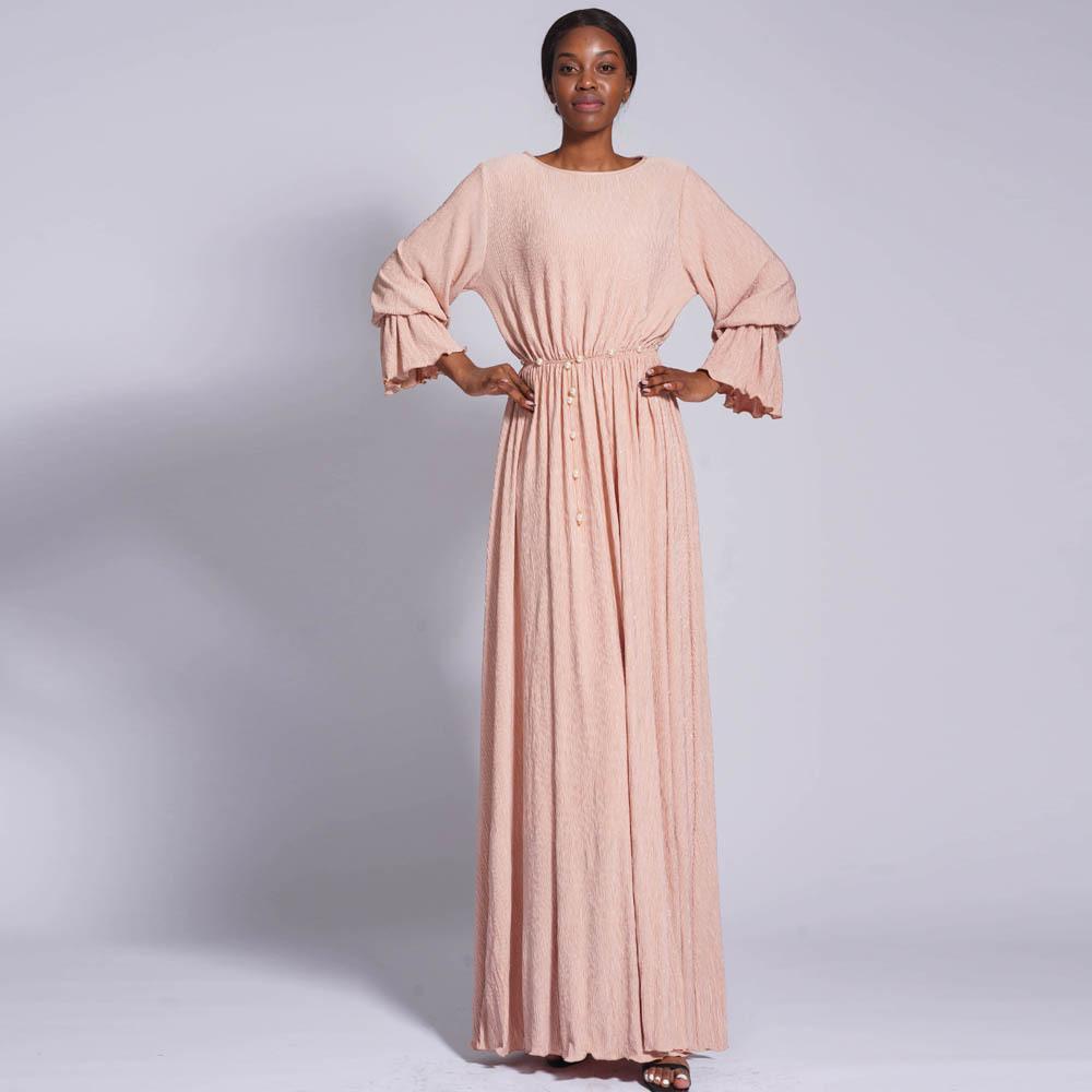 HAYA0434 Muslim Ladies Stretch Crumpled Sprinkle Gold Dress Solid Color Bell Sleeve Long Dress