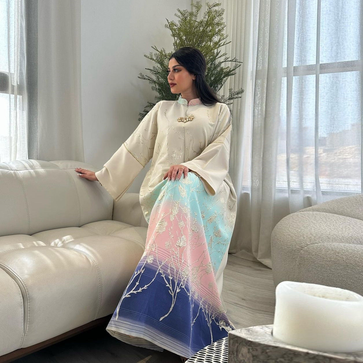 HA6645 Jacquard Embroidered Gradient Robe with Elegant Layered Design