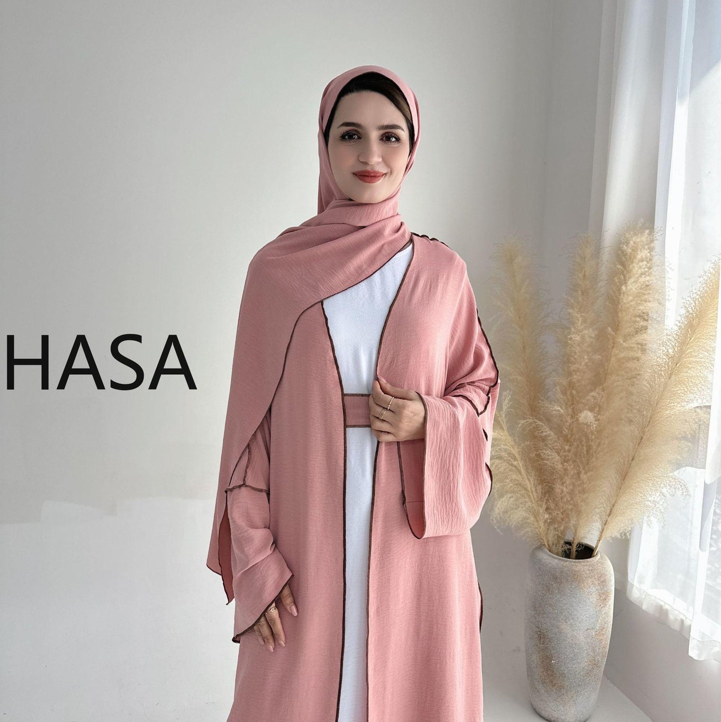 HASA HA1246H 2 PCS SET Crepe Solid Color Loose Hem Cardigan Robe with Hijab