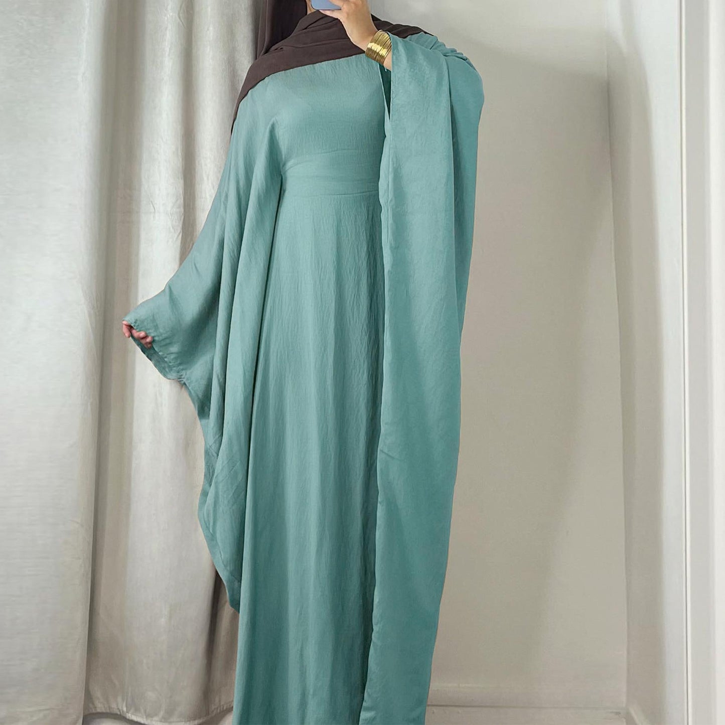 HAYA HAYA0997 Crepe Kaftan with Built-in Belt Waist Bat Sleeves Dress