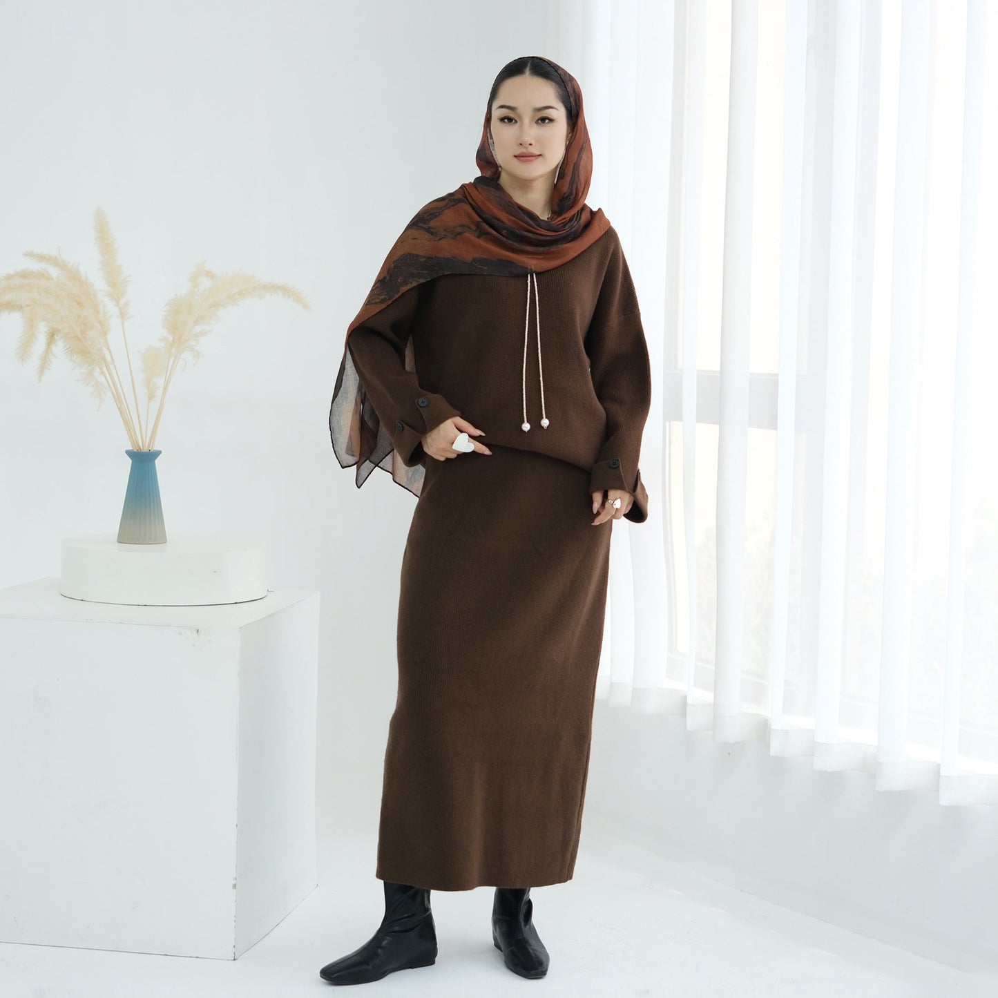 HA6601 Autumn and Winter Thickened Knitted Suit Solid Color Two-piece Skirt Suit (optional Headscarf)