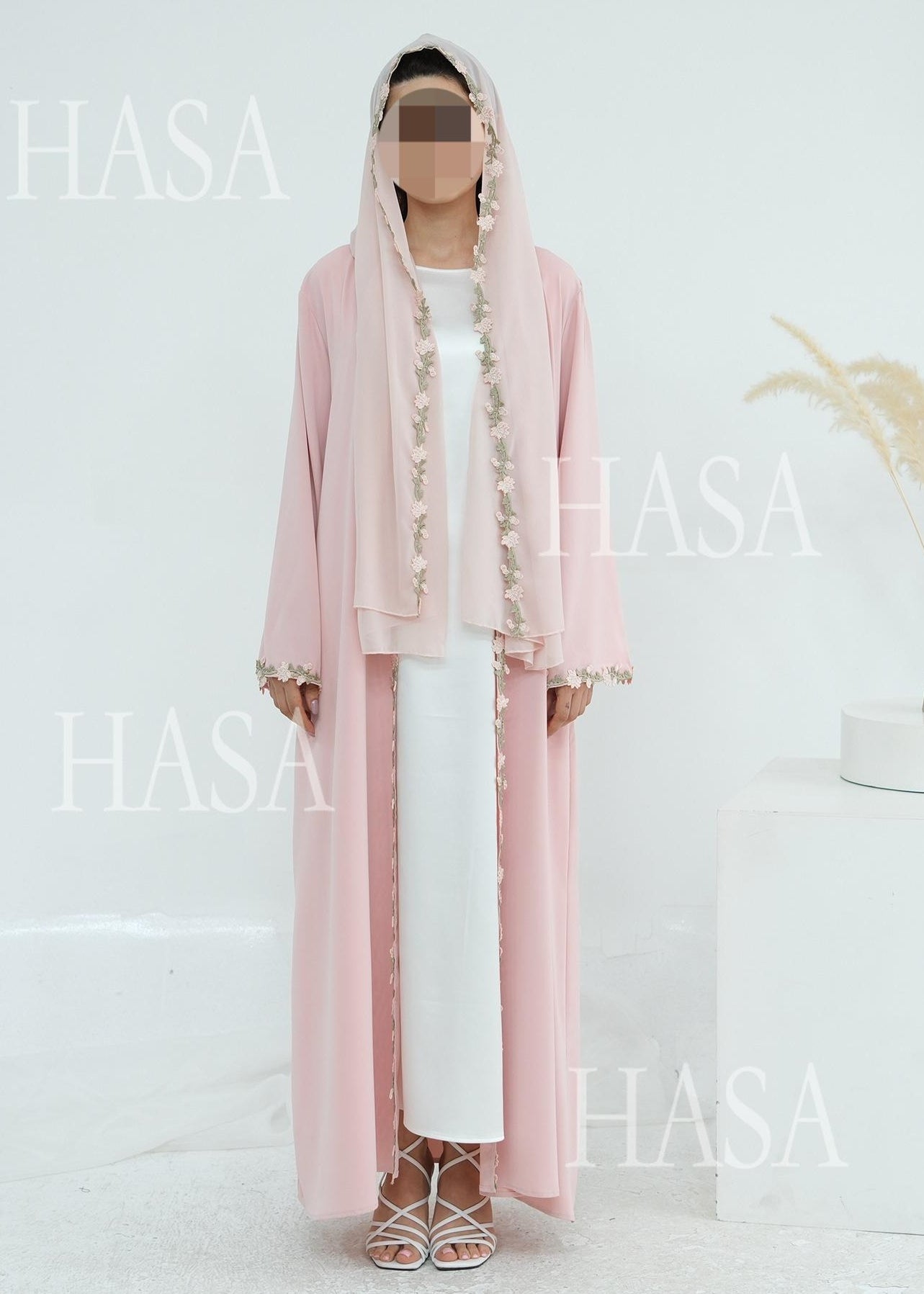 HA6618 Pink Flower Stitching Cardigan Two-Piece Set (Including Headscarf)