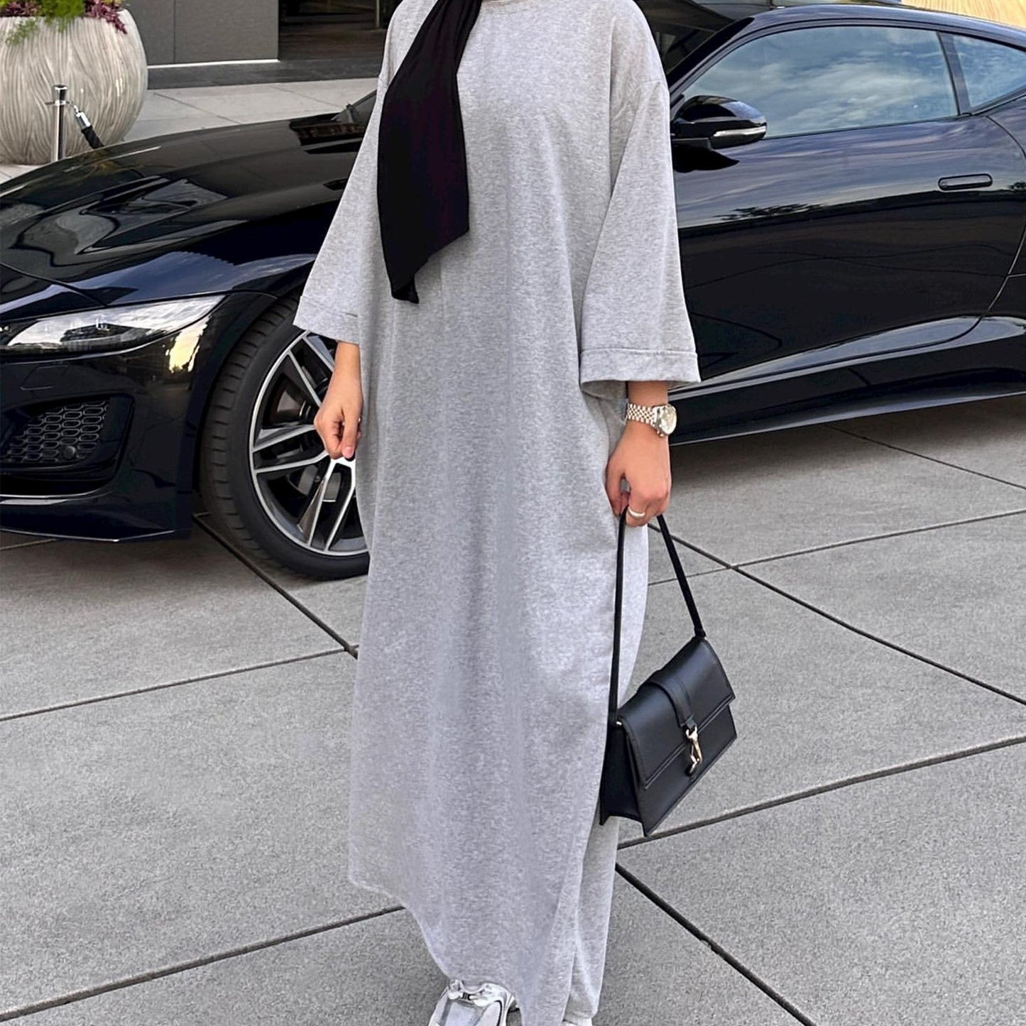 HAYA HAYA1089 Solid Color Hoodie Dress