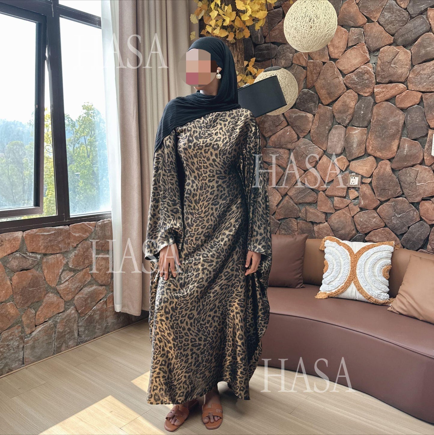 HA6469 Flowing Batwing Sleeve Leopard Maxi Dress (without Headscarf)