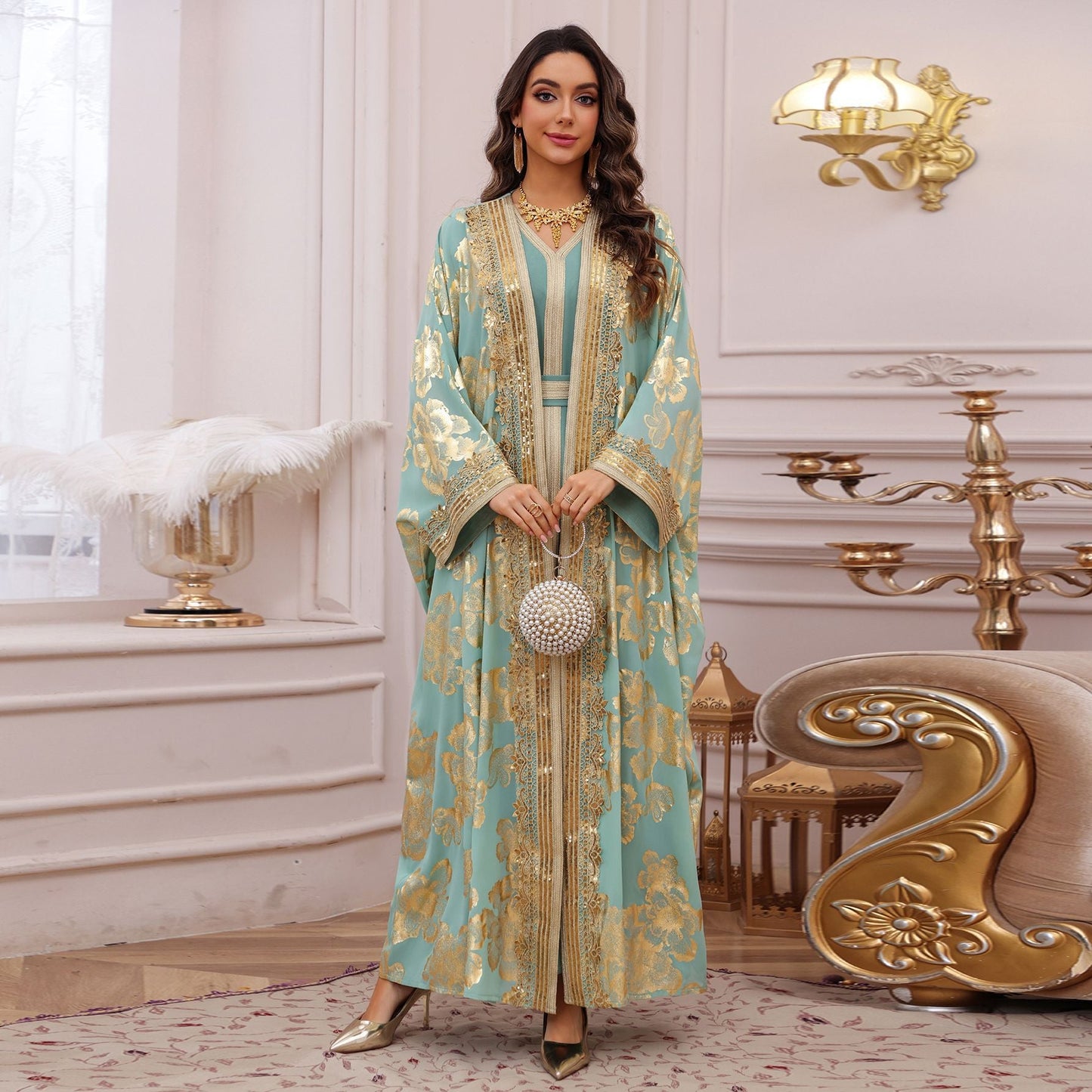 HA6643 Two-piece robe dress with gold foil stamping