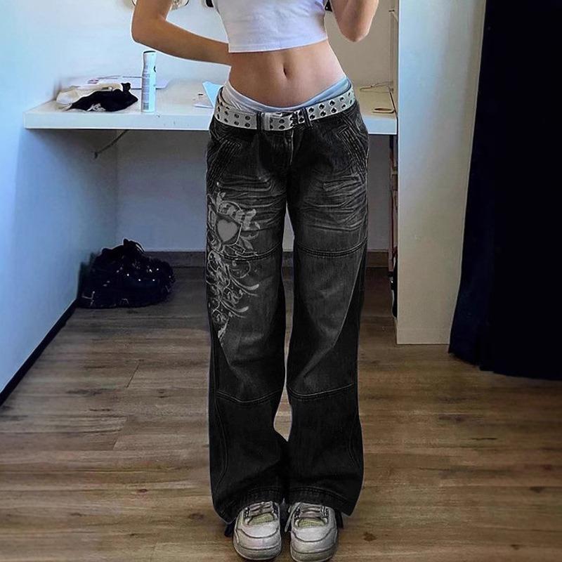 HA6382 Street Style Women's Clothing Irregular Printing Loose Trousers Low Waist Folds Washed for Old Multi-colored Jeans