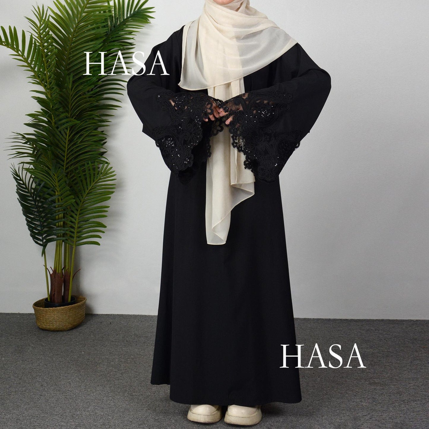 HAYA HA0303 3D Embroidery Sleeves with Two Sides Pocket and Nursing Zippers Solid Abaya