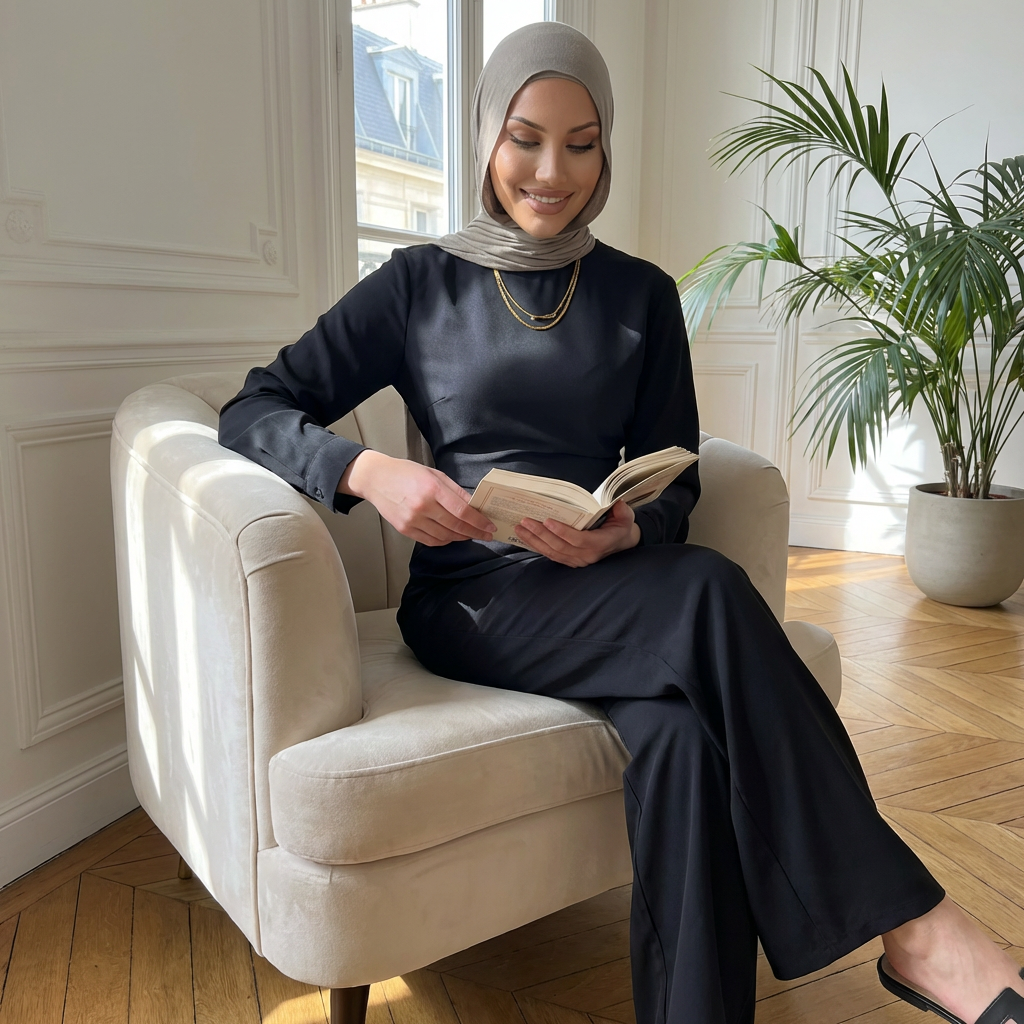 HA6614 Modest Nida Two-Piece Set with Waist Tie & Pocket Trousers