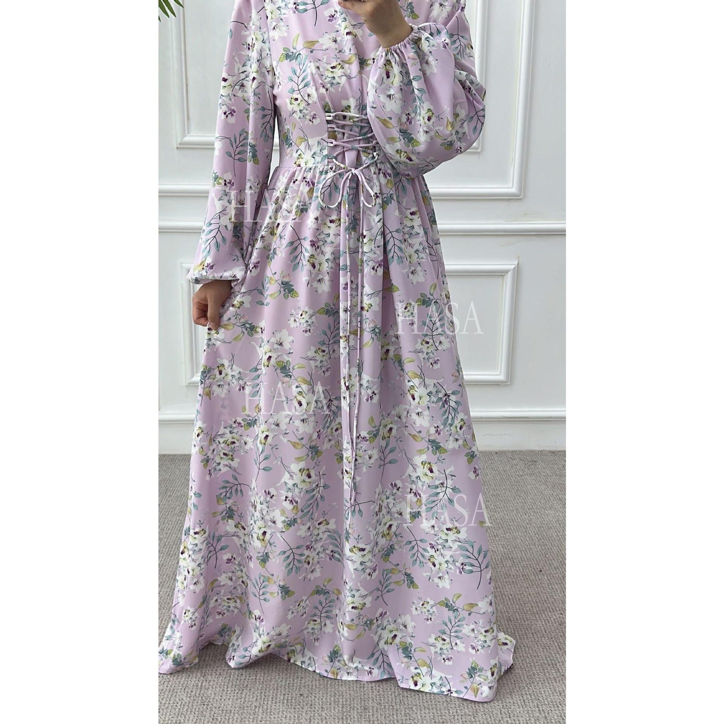 HA6489 Long-sleeved Floral Maxi Dress with Natural Waist
