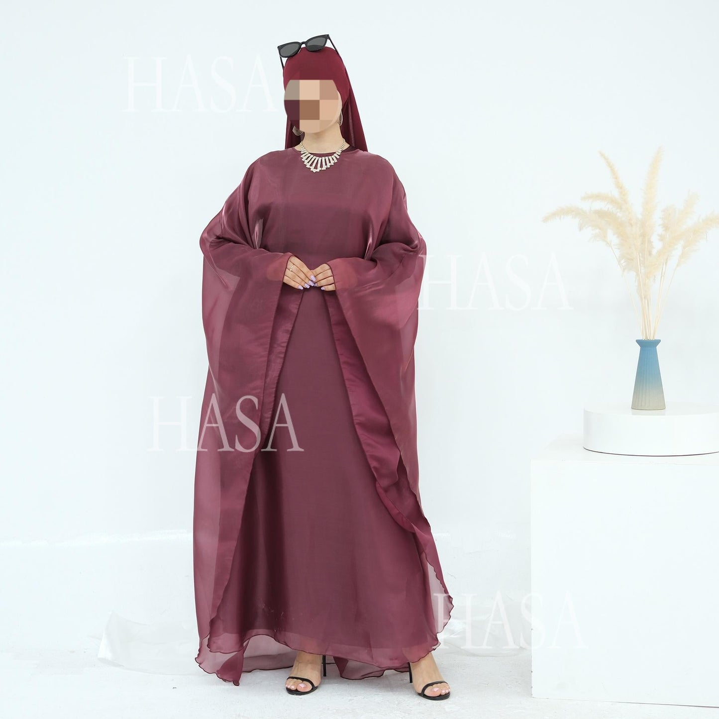 HA6524 Elegant two-piece solid-color robe and dress with optional headscarf