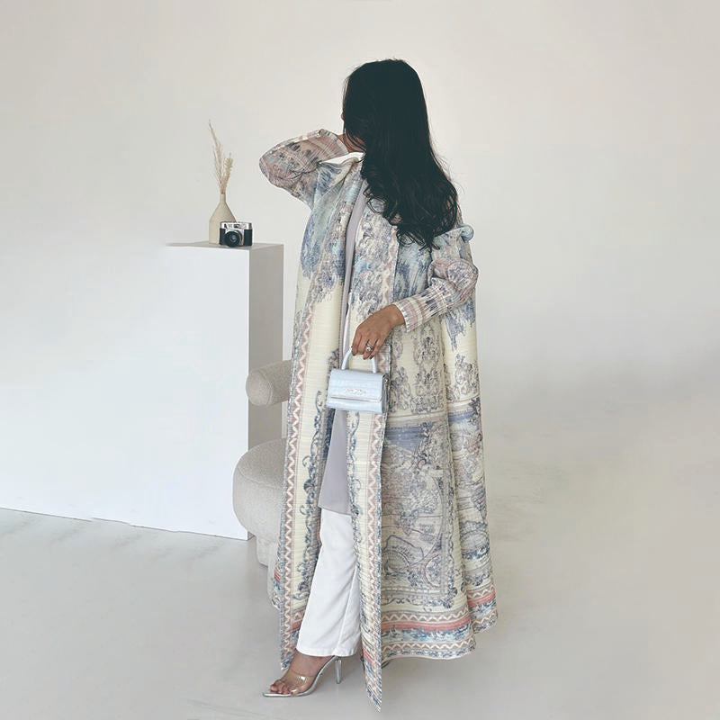 HS5840 Light-colored, All-over Print, Open-front Long Coat