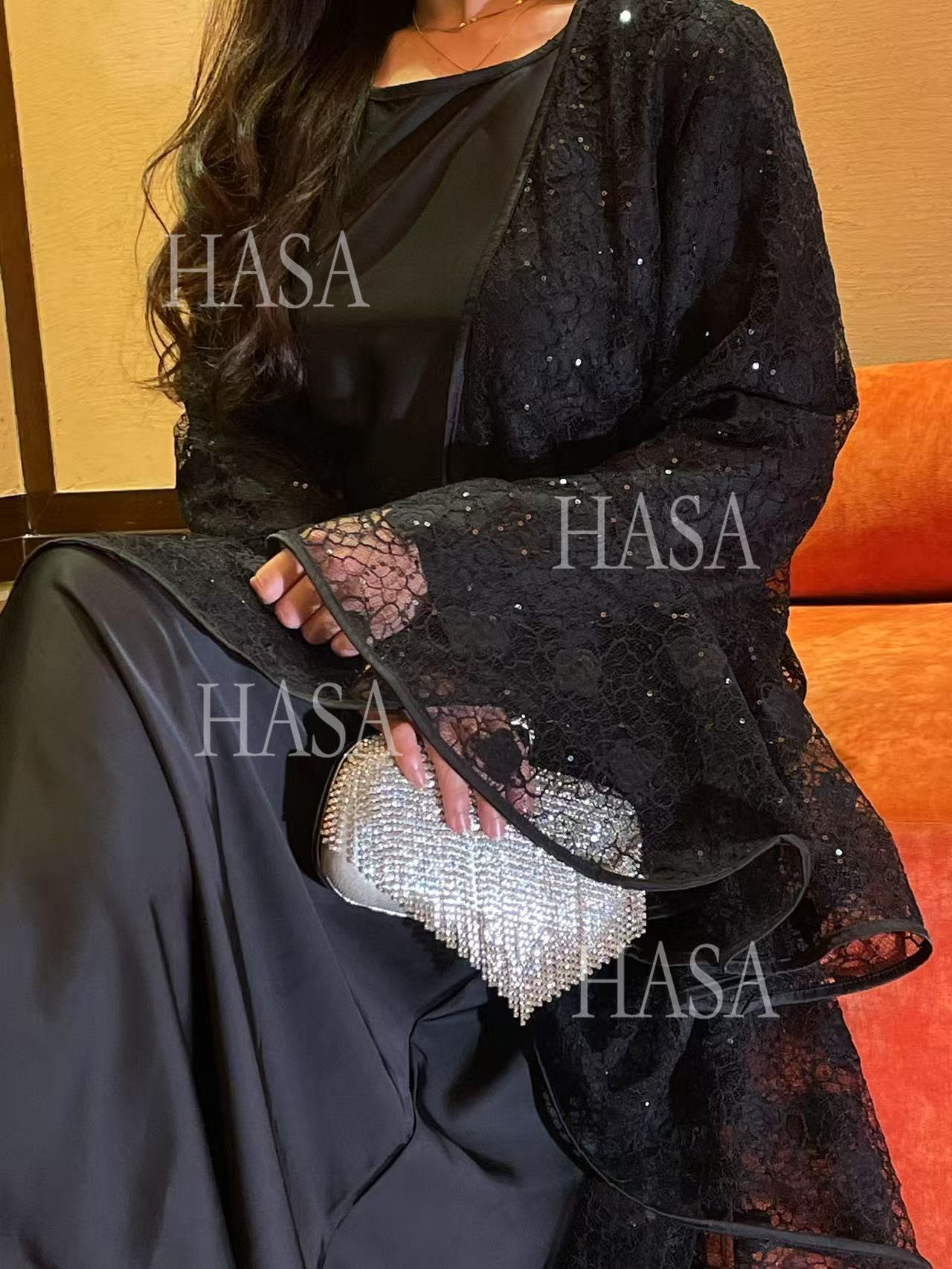 HA6488 Two-piece long dress with flared sleeves and lace sequined cape