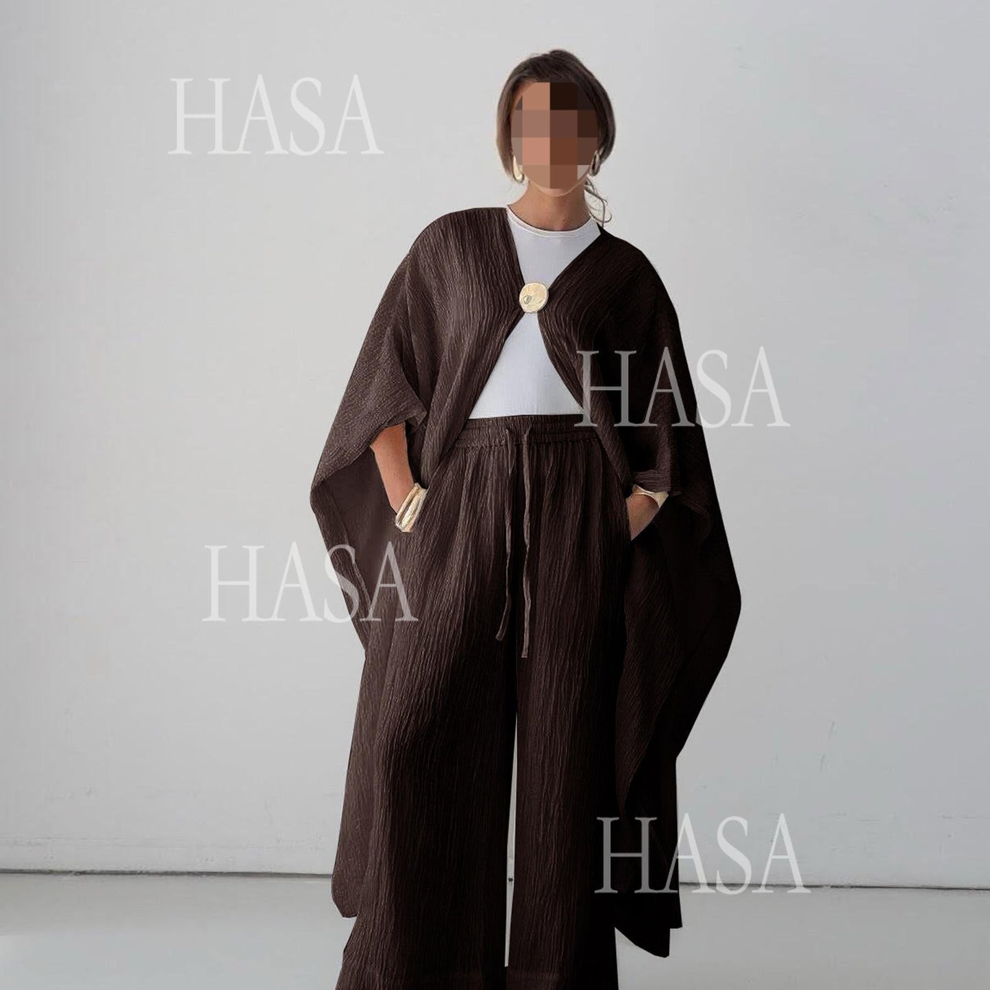 HA6486 Simple Cardigan with Wide-leg Pants, Solid Color Daily Two-piece Suit