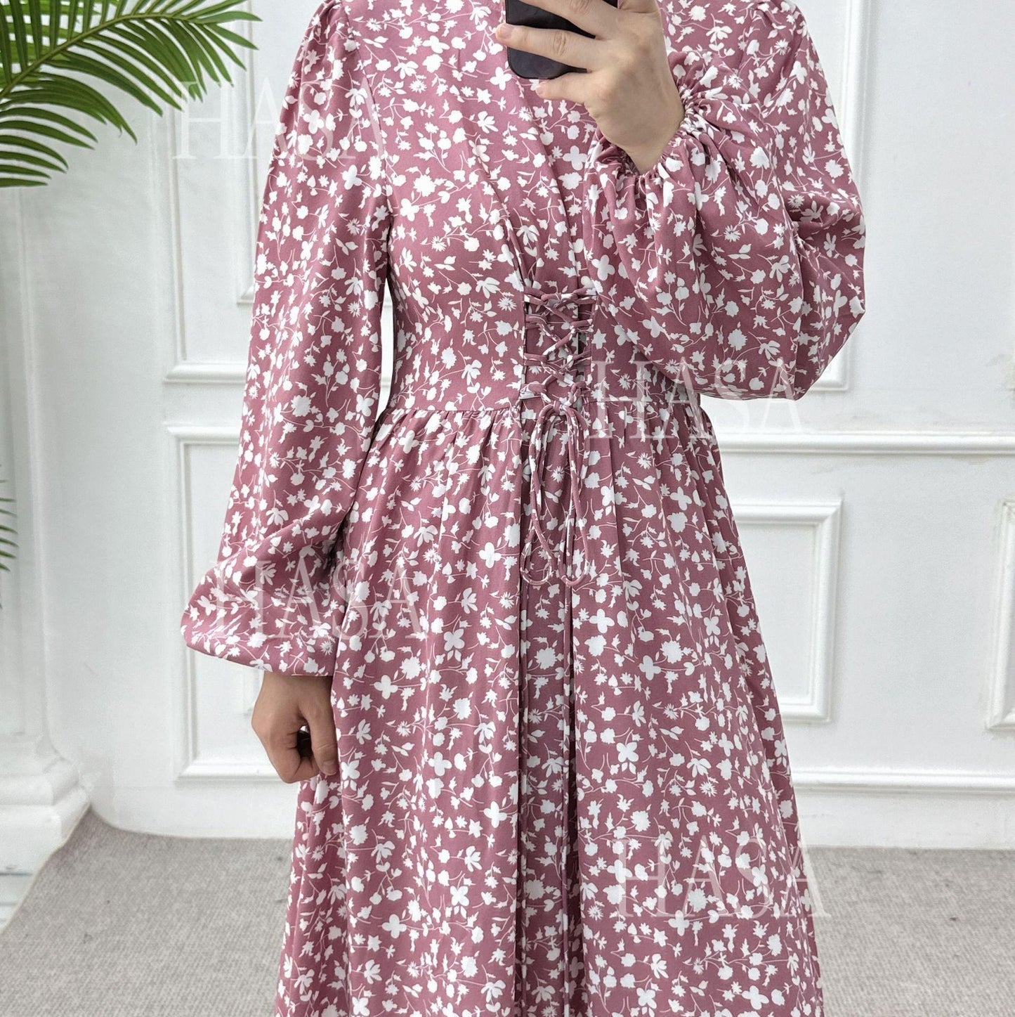 HA6489 Long-sleeved Floral Maxi Dress with Natural Waist