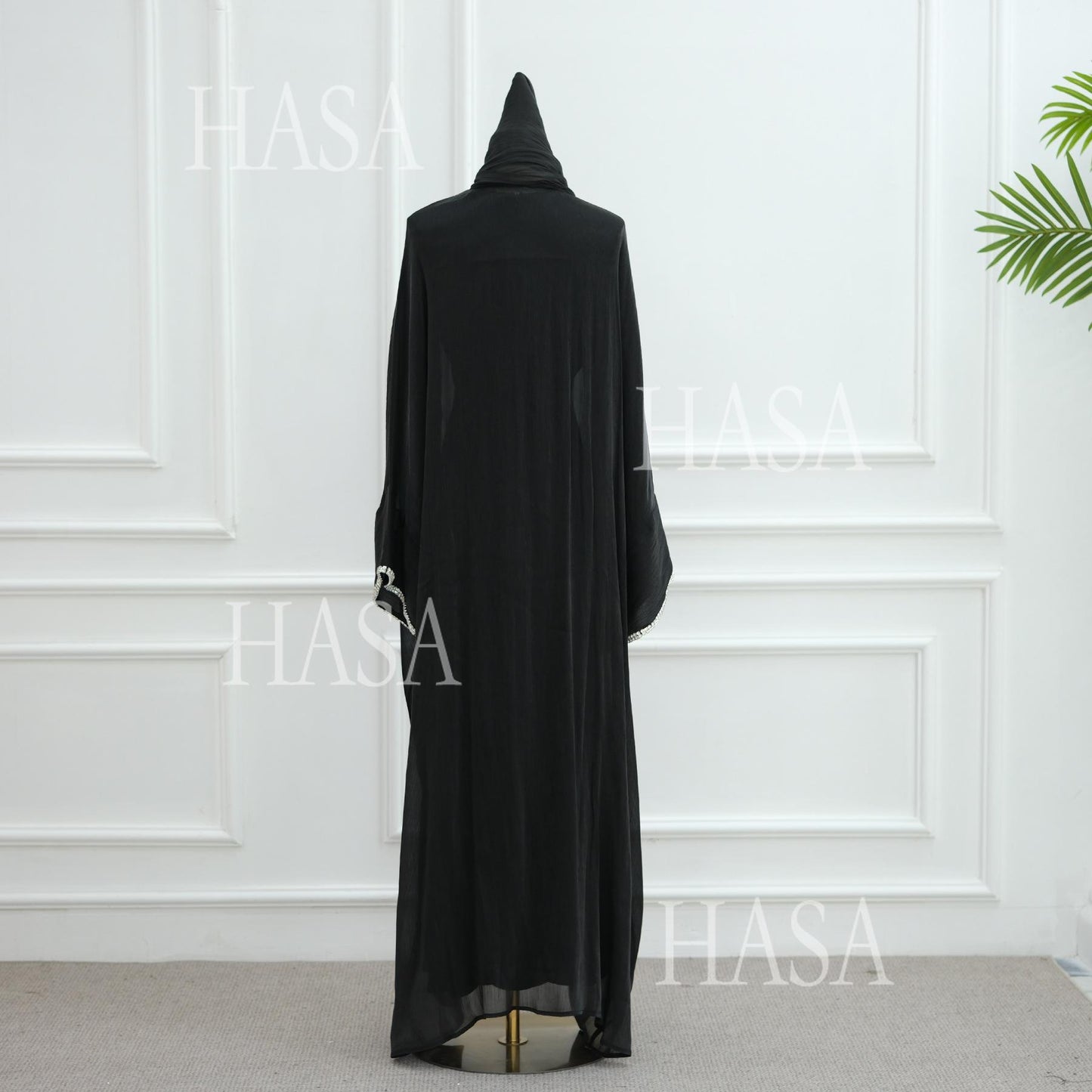 HA6553  Two-Piece Solid Abaya with Beaded Details and Matching Scarf Option