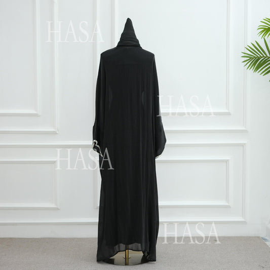 HA6553  Two-Piece Solid Abaya with Beaded Details and Matching Scarf Option