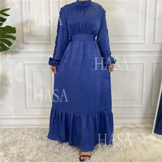 HA6591 Solid Color Turtleneck Long Sleeve Dress with Pleated Waistband