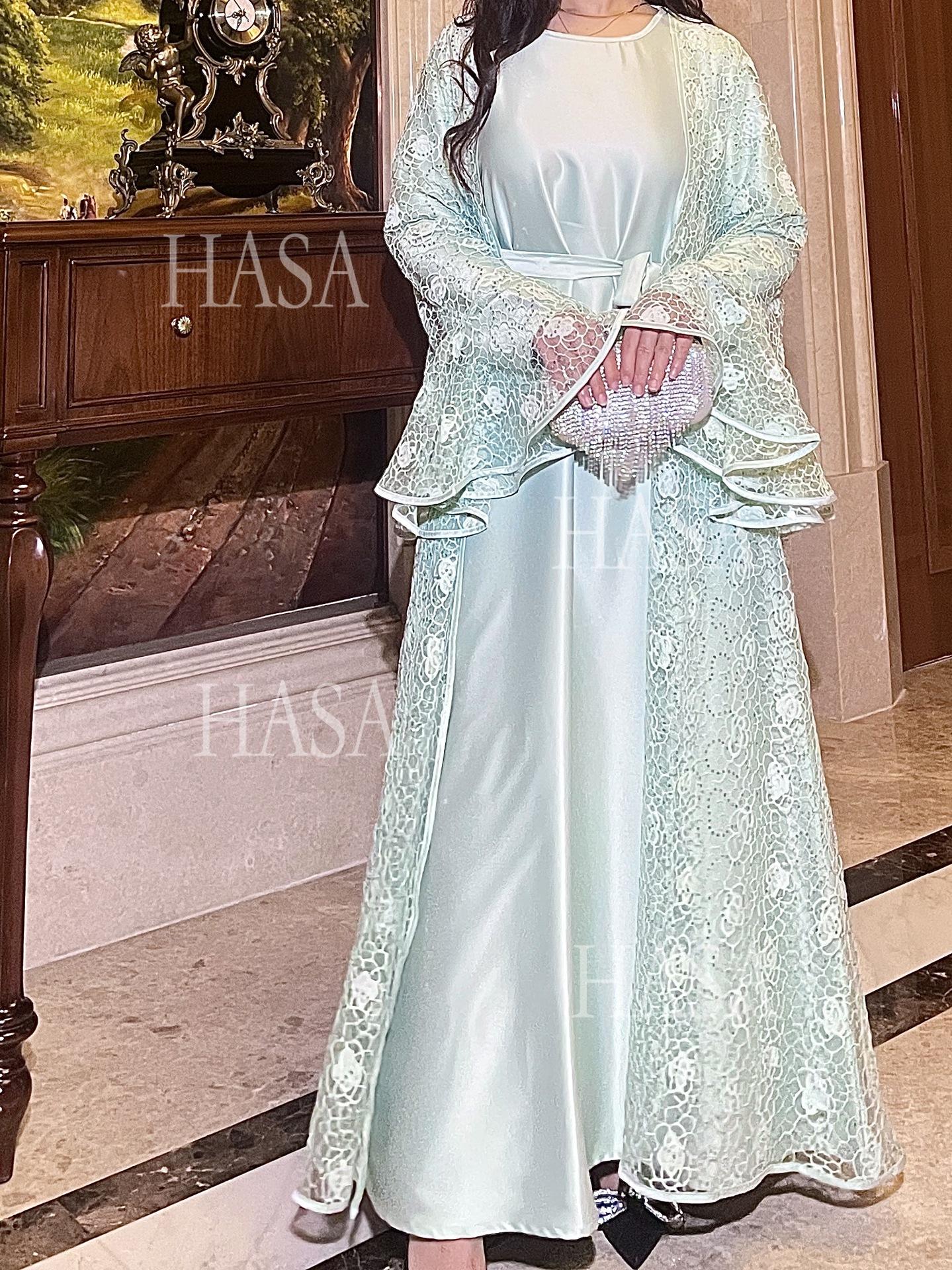 HA6488 Two-piece long dress with flared sleeves and lace sequined cape