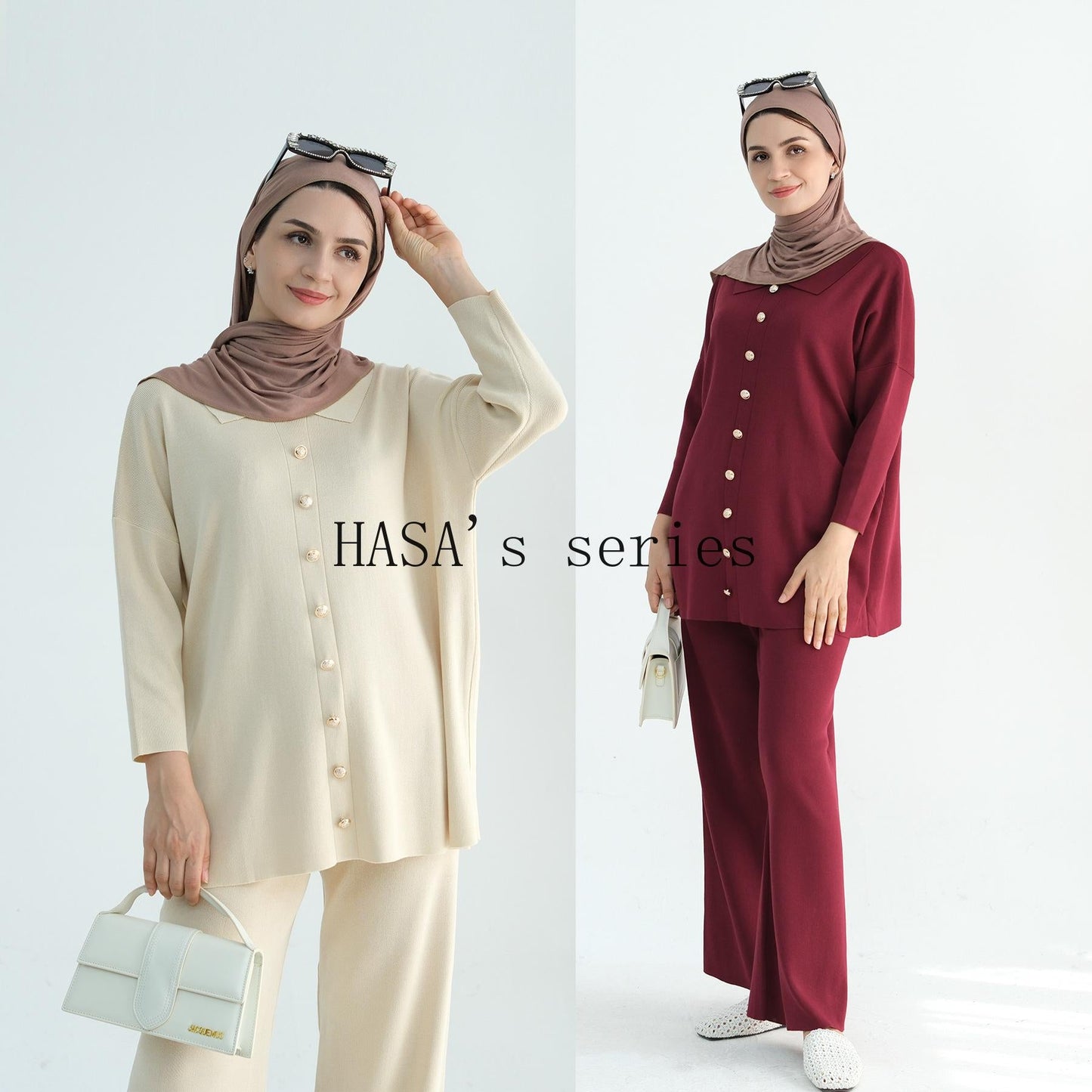 HS5100 Simple and stylish knitted two-piece set, featuring a thickened long-sleeved top and wide-leg pants.