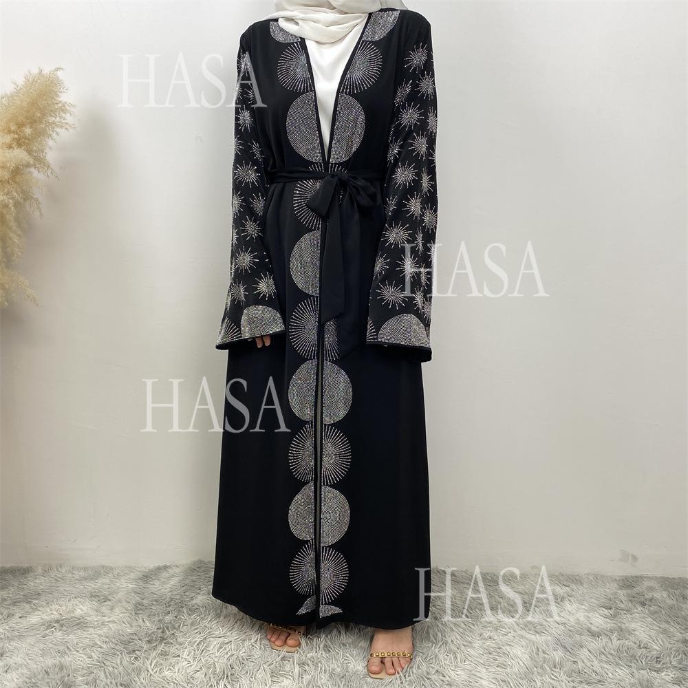HA6588 Black Cardigan Dress with Rhinestone Embellishment and Pockets