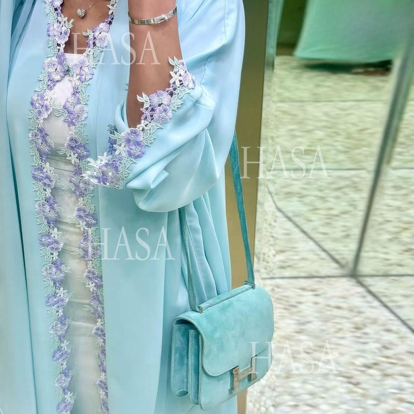 HA6562 Blue Bow Embroidered Abaya Tunic Cardigan
