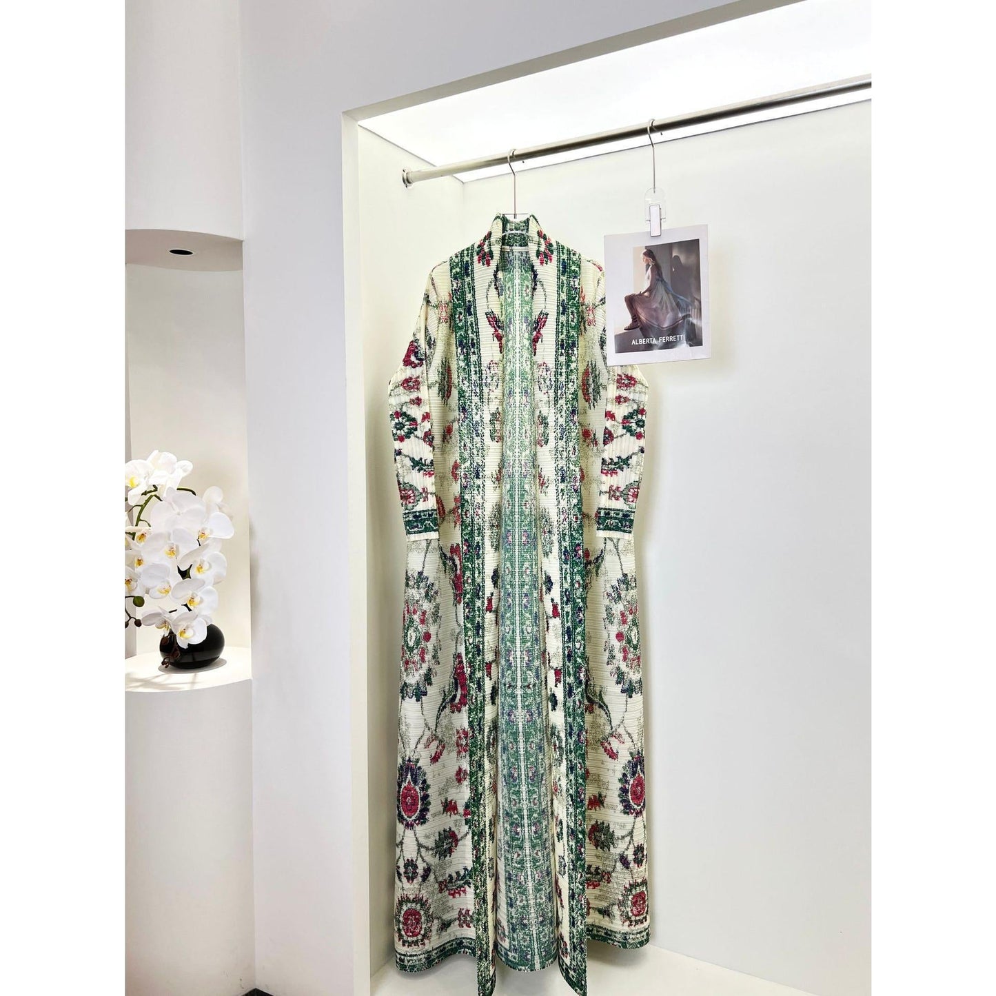 HS6722 Porcelain Dreams  White Abaya with Green & Red Floral Prints