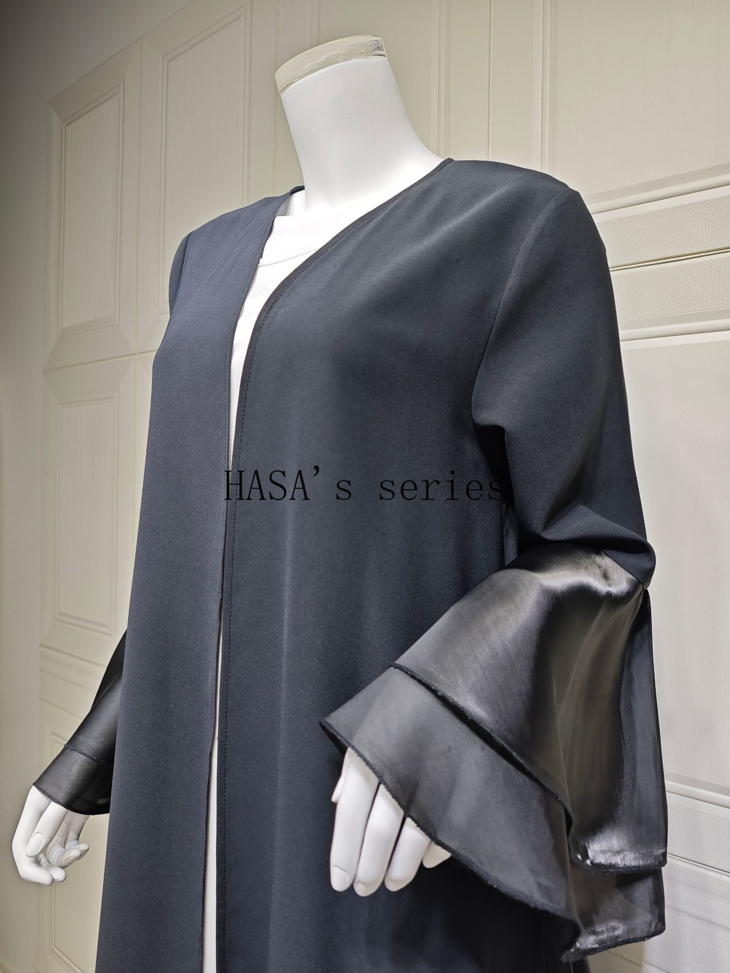 HS5106 A Soft and Elegant Long Satin Dress with Classic Design and Ruffled Sleeves.