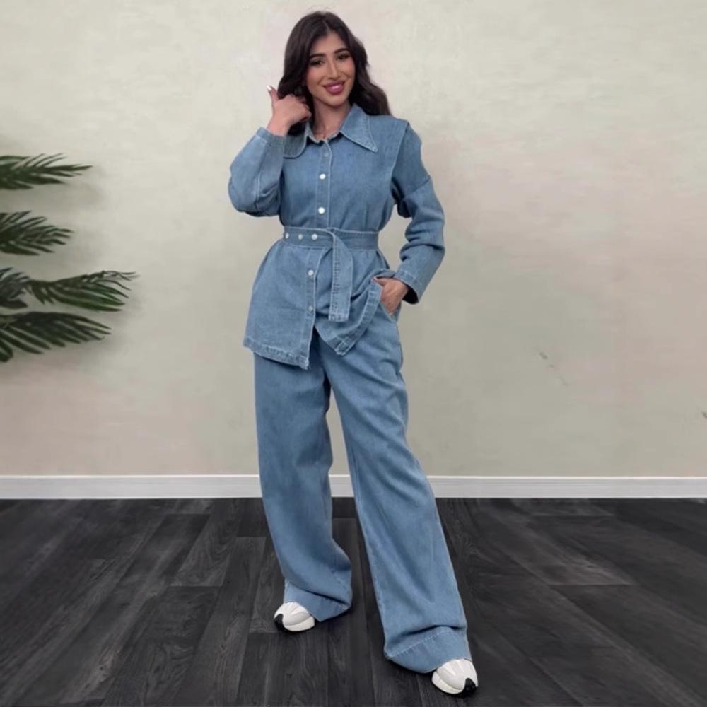 HA5890 Completo in Denim Lavato Primaverile Per Donne Con Cintura, Giacca Monopetto A Maniche Lunghe E Pantaloni A Vita Alta