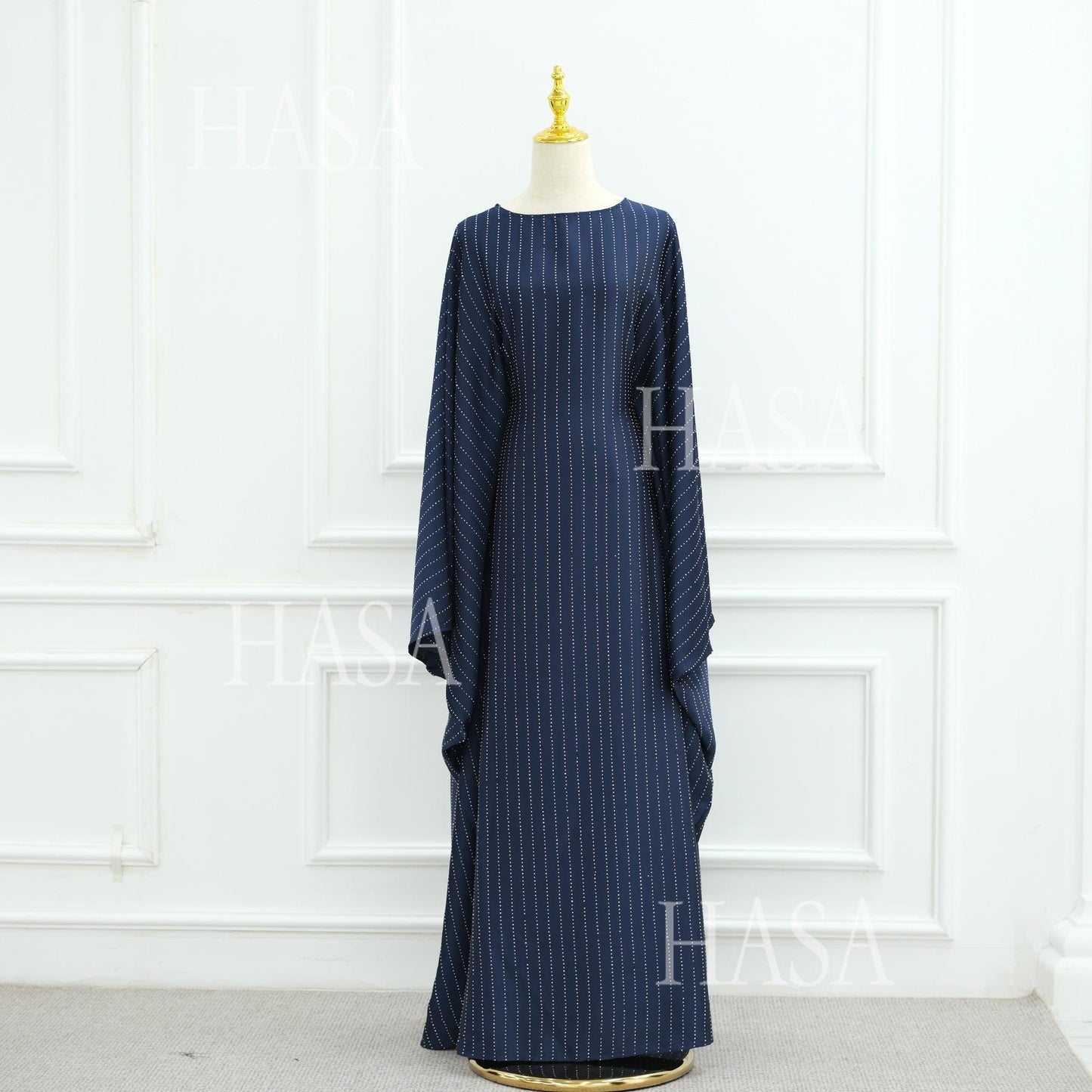 HA6483 Drape Rhinestone Gown with Simple Wide Sleeves