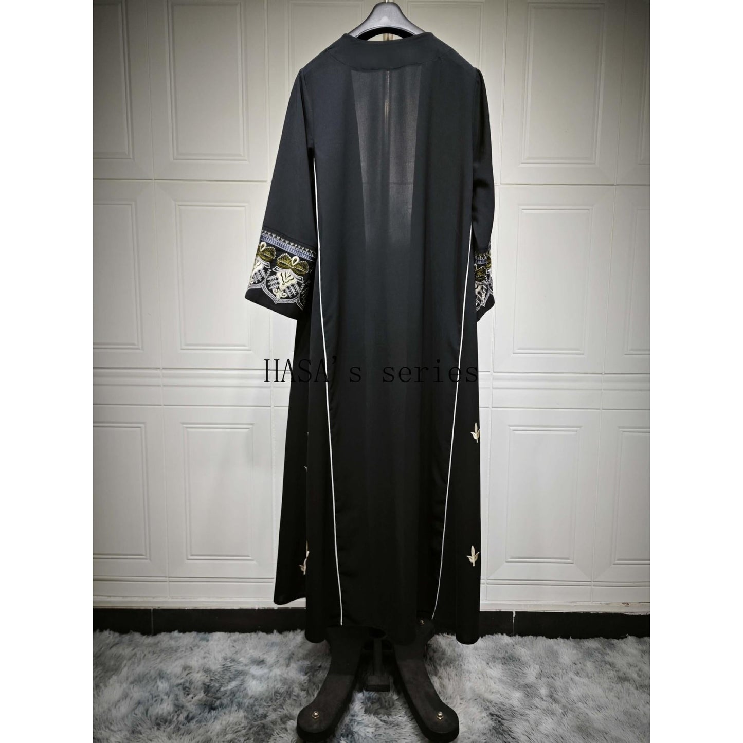 HS5090 Classic black embroidered patchwork robe, designed as a loose, open-front dress.