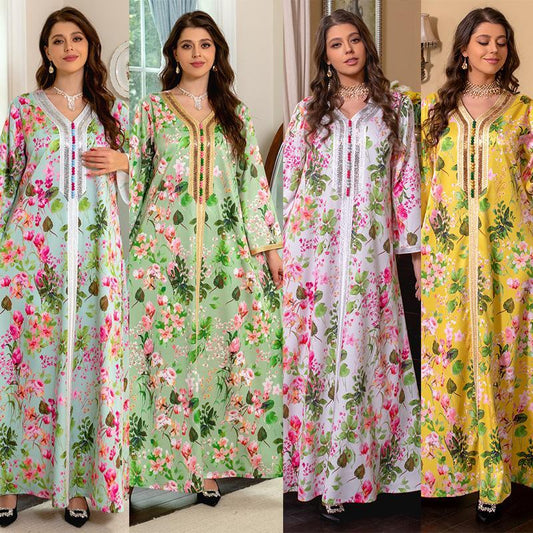 HAYA HAYA1075 Abaya Robe New Printed Rhinestone Dress
