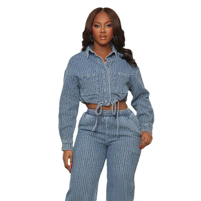 HA6303 Fashion, Long Sleeve Pants, Denim Women's Two-piece Set