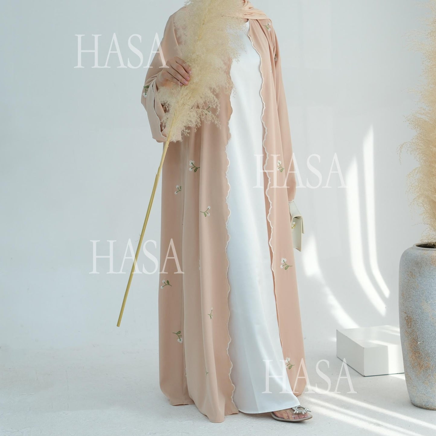 HA6472 Longline Cardigan with Delicate Floral Details and Curved Edging