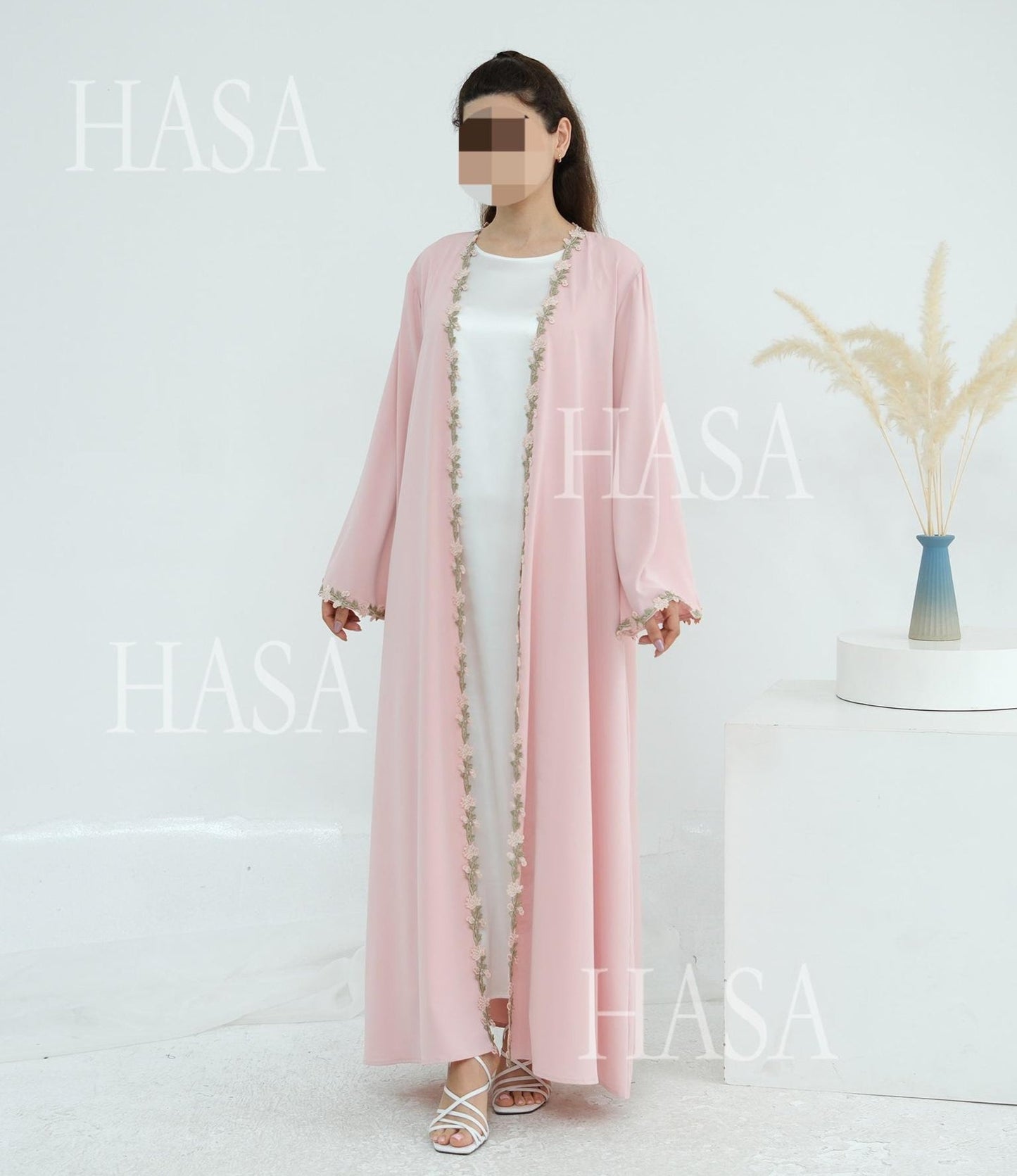 HA6618 Pink Flower Stitching Cardigan Two-Piece Set (Including Headscarf)