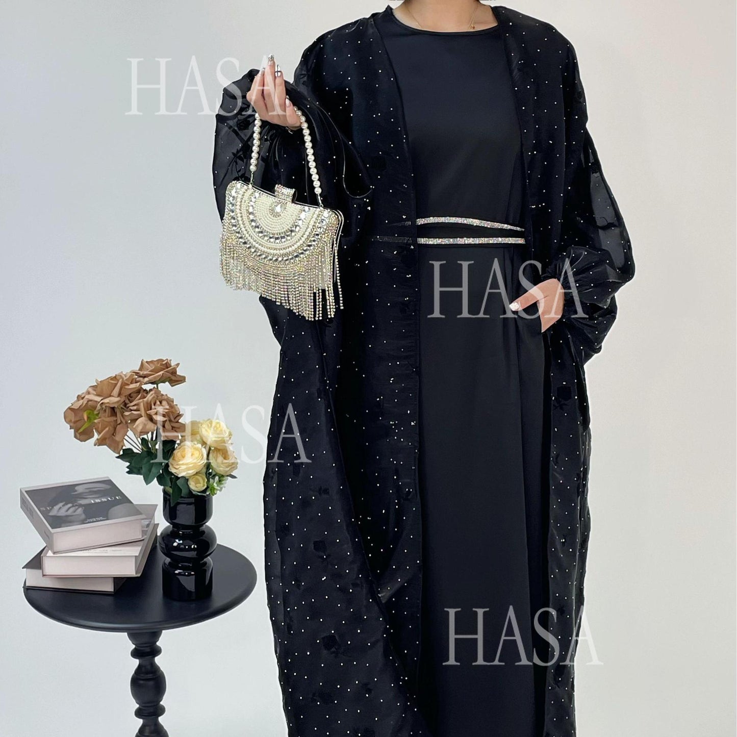 HA6536 Elegant Rose Pattern Abaya Outer Dress Set