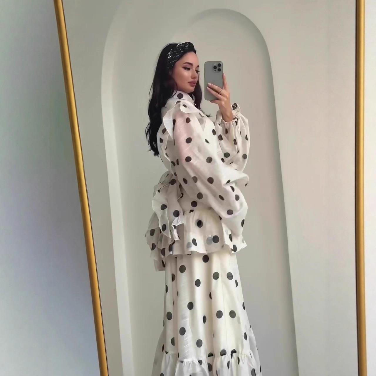 HS6732 Vintage Polka Dot Co-ord Set Puff Sleeve Blouse & Long Ruffle Skirt Outfit