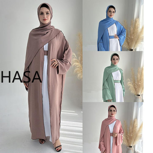 HASA HA1246H 2 PCS SET Crepe Solid Color Loose Hem Cardigan Robe with Hijab