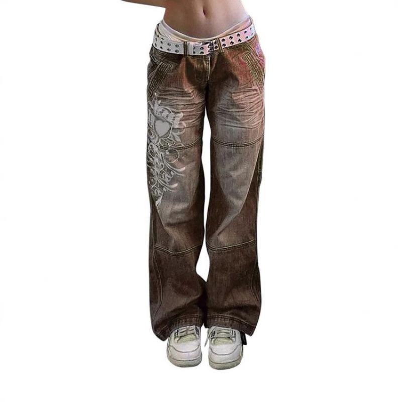 HA6382 Street Style Women's Clothing Irregular Printing Loose Trousers Low Waist Folds Washed for Old Multi-colored Jeans